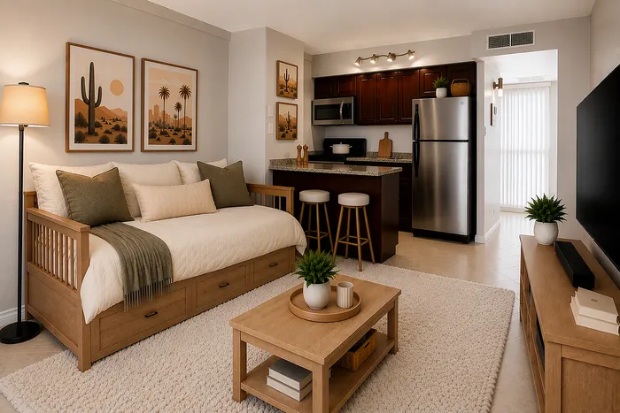 Virtually staged studio apartment with a daybed doubling as a couch, tv and into the kitchen area