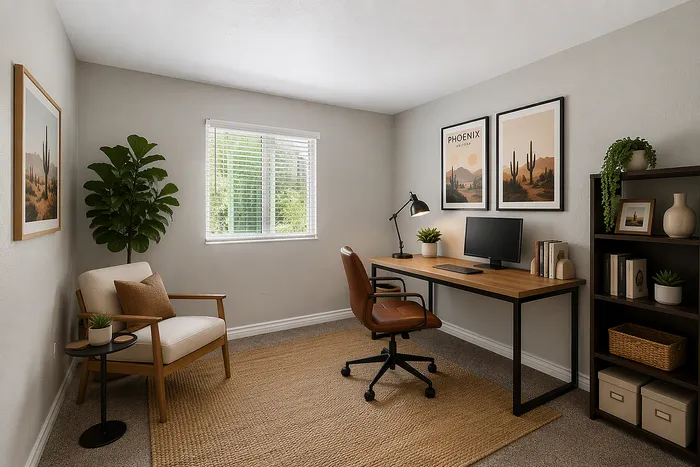 home office at solaris at the biltmore with a desk, bookshelf and chair