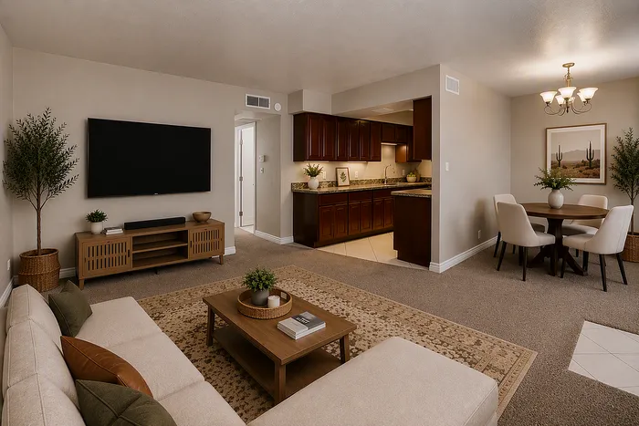 Virtually staged living room and dining room at soliars at the biltmore with a couch and tv and dining area
