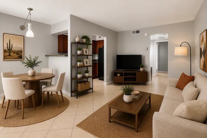 Virtually staged living and dining room with a tv, couch, dining are and bookshelf