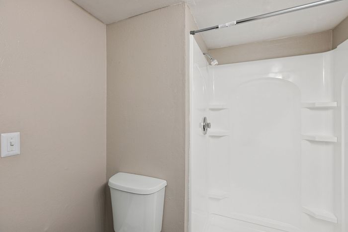 White walk-in shower with built-in shelving next to a white toilet.