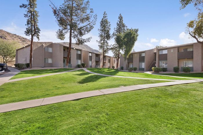 Lush green courtyard and walking paths at Solaris at Shadow Mountain under a clear blue sky.