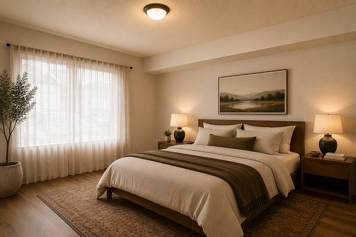 virtually staged bedroom at corporate woods with a bed, rug