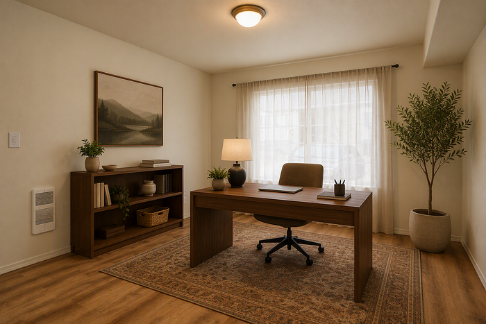 virtually staged home office at corporate woods with a desk, bookshelves and art