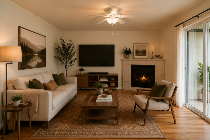 virtually staged living toom at corporate woods with a couch, chair, fireplace and tv