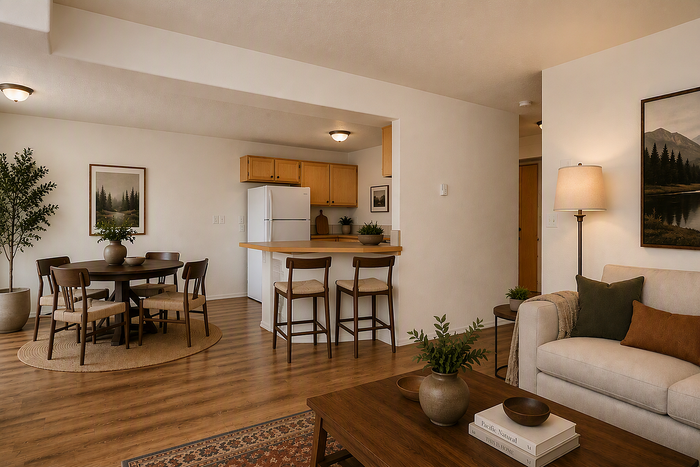 virtually staged apartment at corporate woods with a dining, living and kitchen area