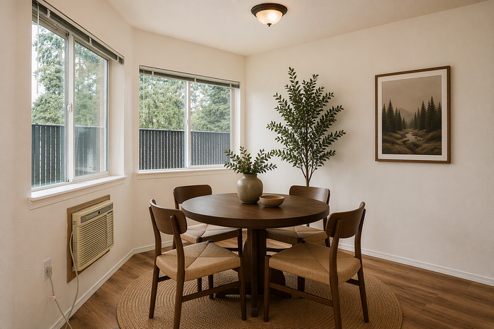 dining atre at corporate woods with a dining table, art, and two windows
