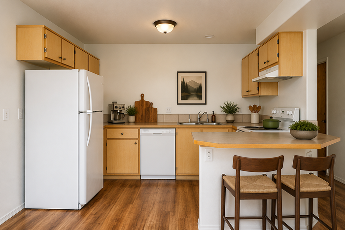 virtually staged kitchen at corporate woods apartments with barstool seating and decor