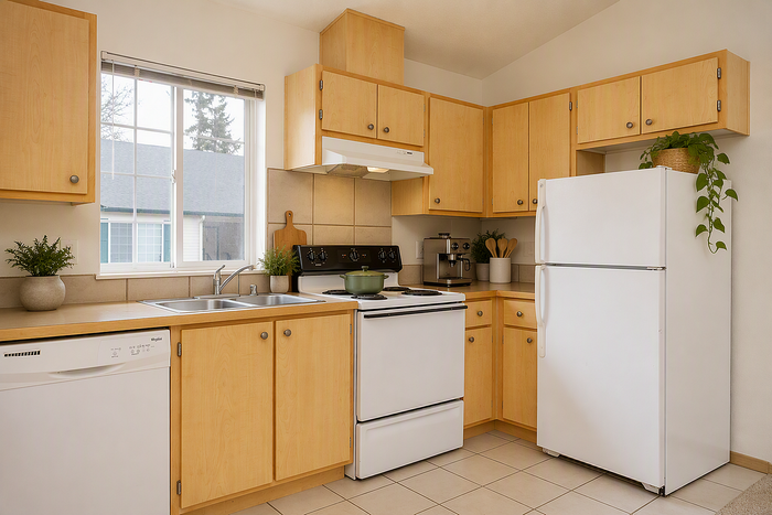 virtually staged kitchen in a studio unit at corporate woods apartments with white appliances and decor