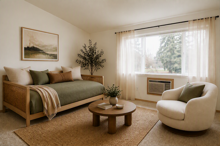 virtually staged living room in a studio apartment at corporate woods with a daybed and a comfortable chair