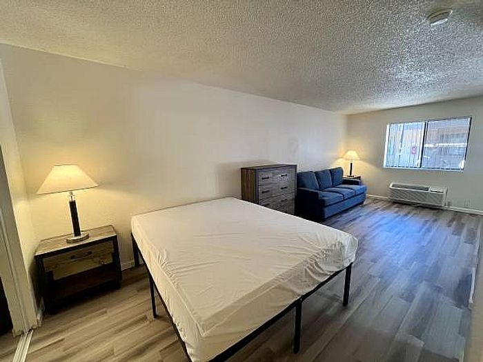 Ocotillo Village studio apartment with wood-style flooring, a blue sofa, bed, and large window for natural light.