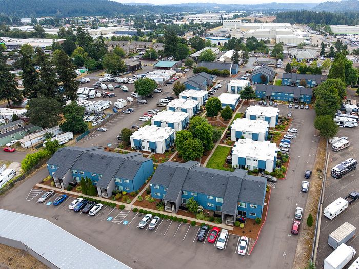 Exterior Aerial view of Boulder Gardens showing the different buildings