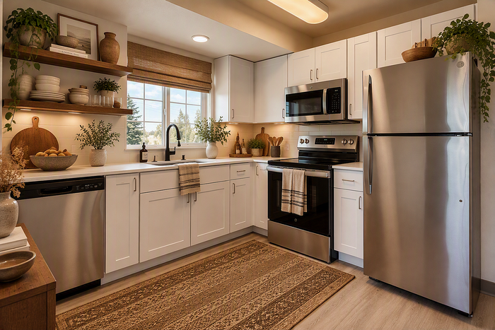 Virtually staged kitchen area with stainless steel appliances