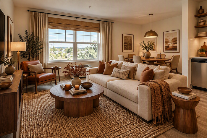 Virtually staged living room and dining room area