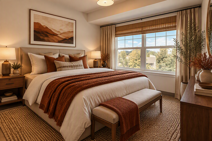 Virtually staged bedroom with large oversized window