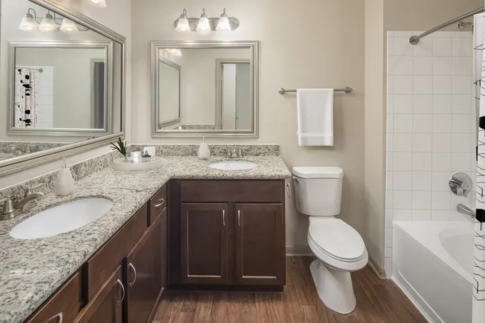 Elegant bathroom featuring dual sinks with granite countertops, polished wood cabinetry, and a pristine shower-tub combination.