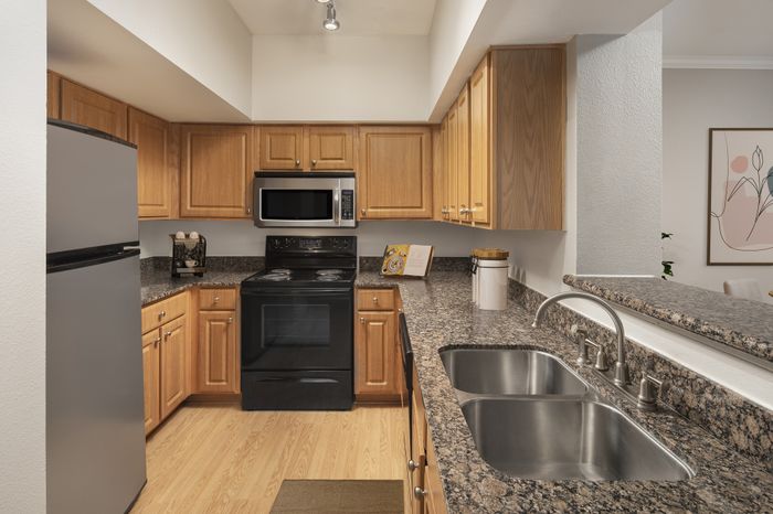 Modern kitchen featuring sleek granite countertops, stainless steel appliances, and warm wood cabinetry, perfect for culinary enthusiasts.