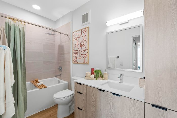 Luxurious bathroom with modern fixtures, sleek vanity, and elegant decor for a relaxing ambiance.