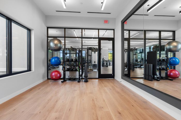 Modern fitness center with floor-to-ceiling windows, equipped with exercise balls, kettlebells, and sleek wooden flooring.