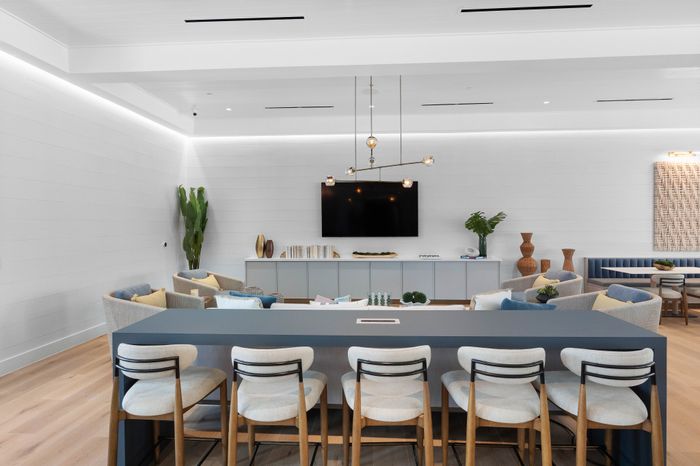 Elegant modern living room boasting sleek furniture, a stylish bar counter with seating, and a wall-mounted TV, ideal for contemporary entertaining.