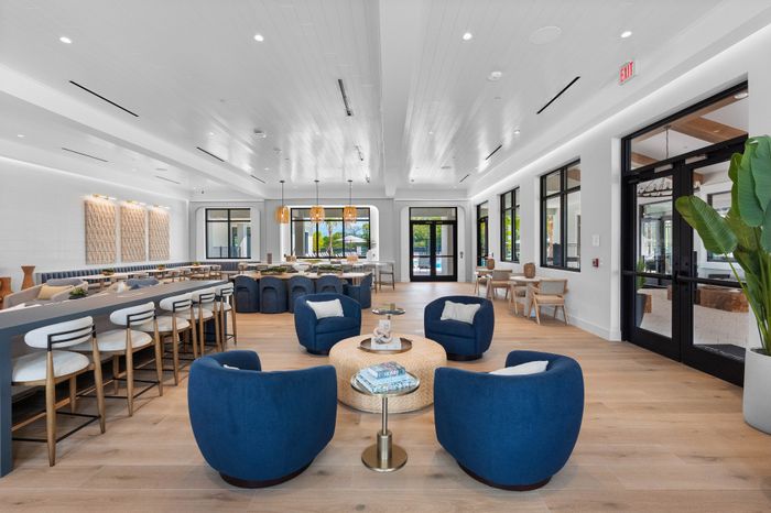 Luxurious modern lounge with elegant blue armchairs, stylish wooden flooring, and abundant natural light, perfect for relaxation and social gatherings.