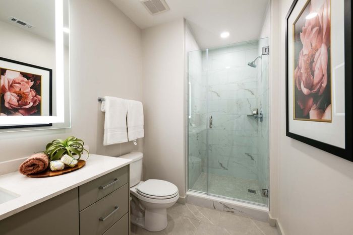 Elegant bathroom with a modern glass shower enclosure, sleek vanity, and contemporary floral artwork.