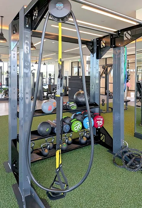 Modern fitness center with state-of-the-art gym equipment, featuring kettlebells, medicine balls, and TRX suspension trainers on a lush green floor.