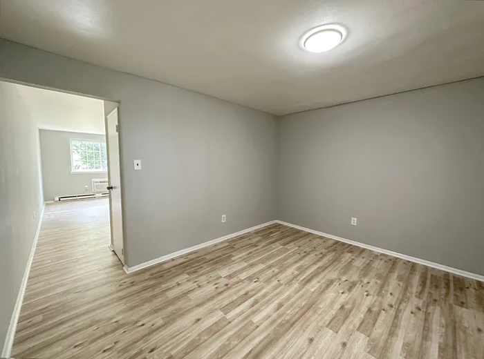 Empty dining room in a Woodland Manor apartment with wood-look flooring, neutral walls, and a ceiling light.