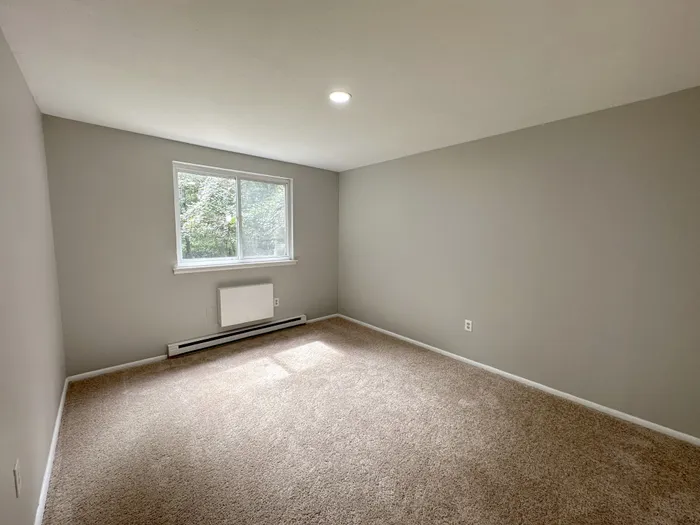 Carpeted bedroom at Woodland Manor with window, baseboard heater, neutral walls, and overhead light.