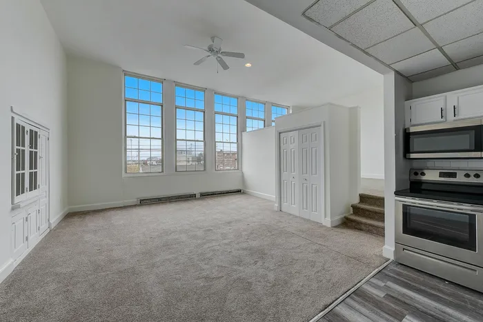 Bright empty living room at Franklin Manor Apartments with carpet, balcony door, closet, ceiling light.