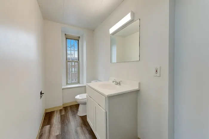 White vanity and toilet in a bathroom with wood-look flooring at Franklin Manor.