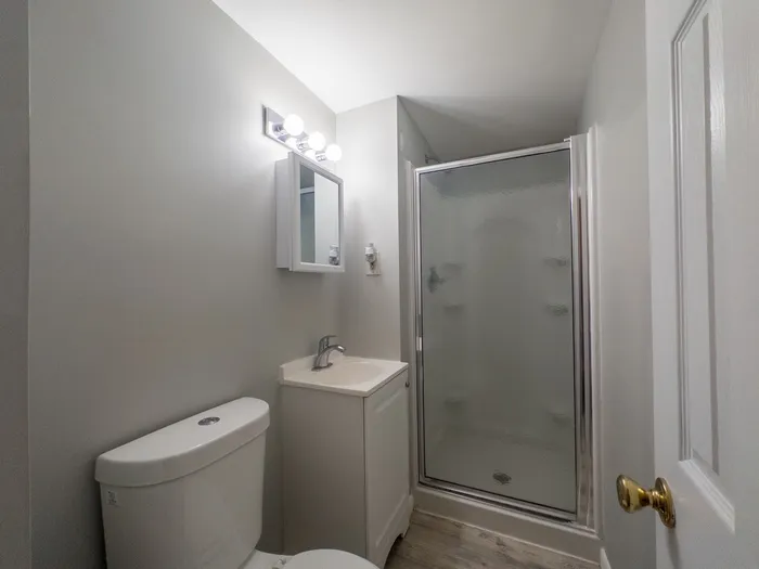 apartment bathroom with shower, bright lights, vanity sink, energy efficient toilet
