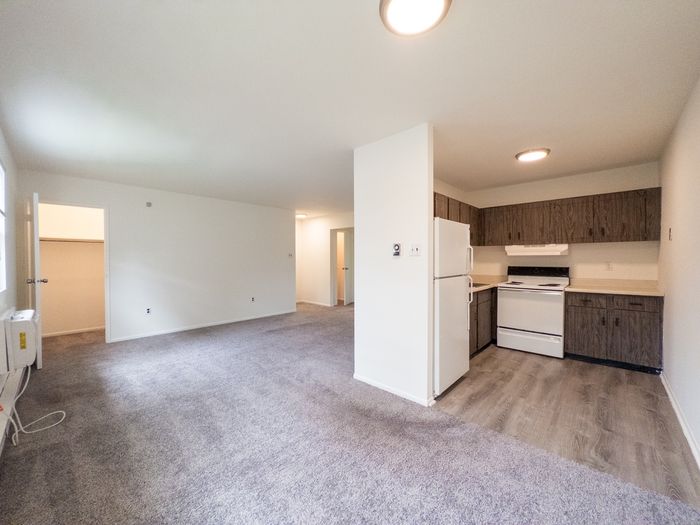 Open carpeted living space and kitchenette with white appliances at The Cloverleaf Apartments in Laureldale, PA.