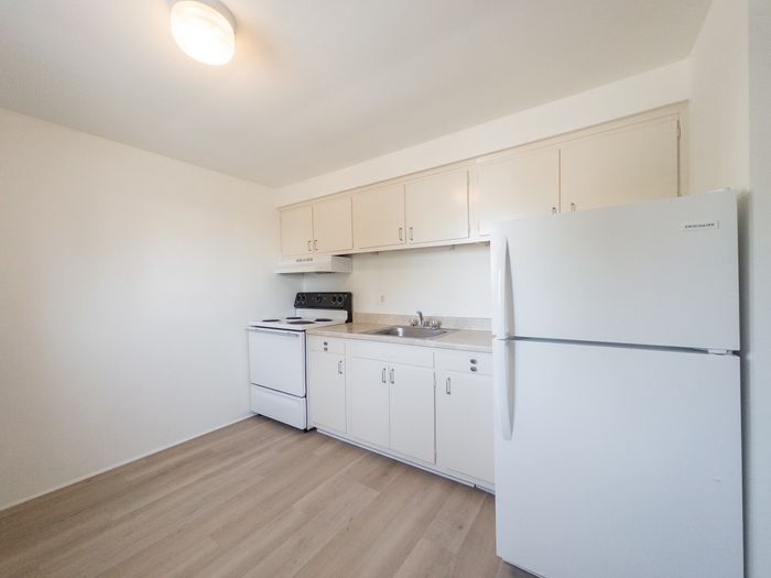kitchen with refrigerator and range included, cabinets and sink with stone counter