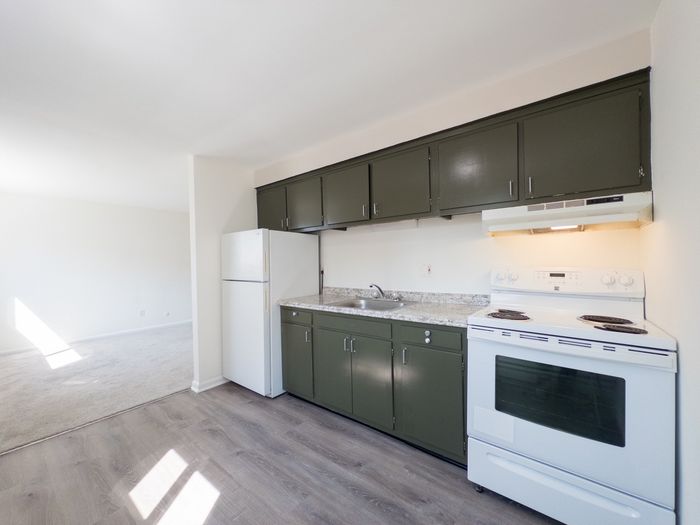 kitchen with range and hood, refrigerator, stone counters, cabinets, wood flooring