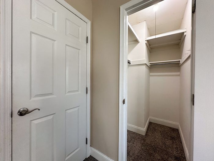walk-in closet in the bedroom with shelves and light