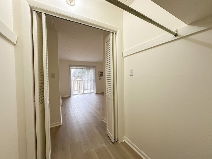 Inviting apartment entrance opens to a bright living area with sleek hardwood floors and sunlight streaming through glass sliding doors.