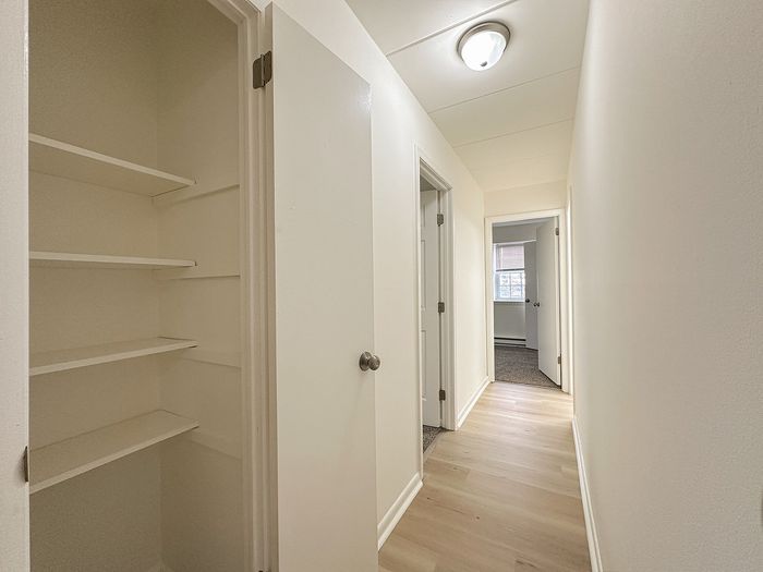 Bright hallway in modern apartment featuring sleek wood flooring and spacious closets.