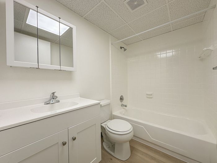 Elegant, bright bathroom with sleek fixtures and modern white cabinetry, featuring a large mirror and inviting bathtub.