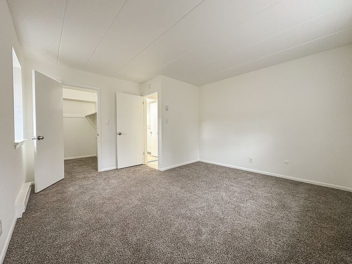 Spacious bedroom showcasing plush carpet, clean white walls, and a convenient walk-in closet.