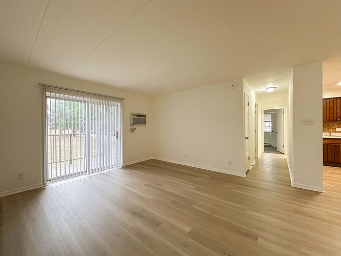 Bright and spacious living area with elegant wood flooring, large sliding glass door, and modern kitchen adjacent.