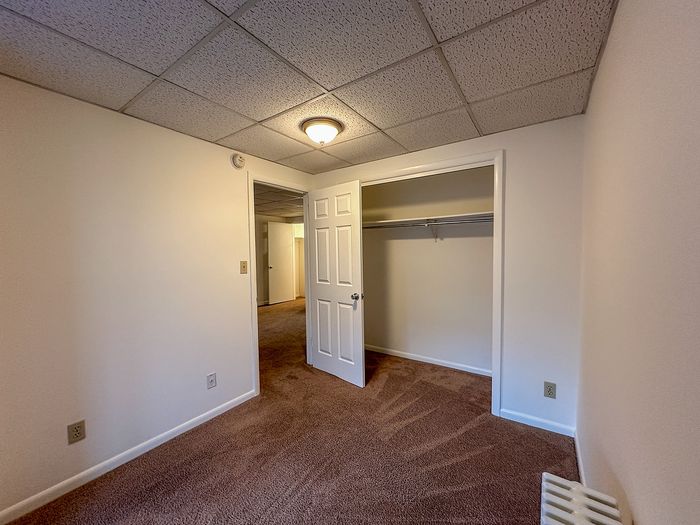 Cozy bedroom with plush carpet, open closet, and ambient lighting creating a warm atmosphere.