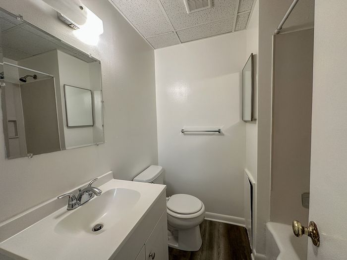 Contemporary bathroom featuring a sleek vanity, large mirror, and elegant fixtures in a bright, welcoming space.