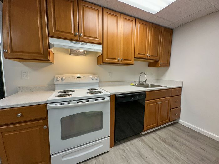 Modern kitchen with warm wooden cabinets, elegant countertops, and sleek appliances, offering a cozy and functional space.