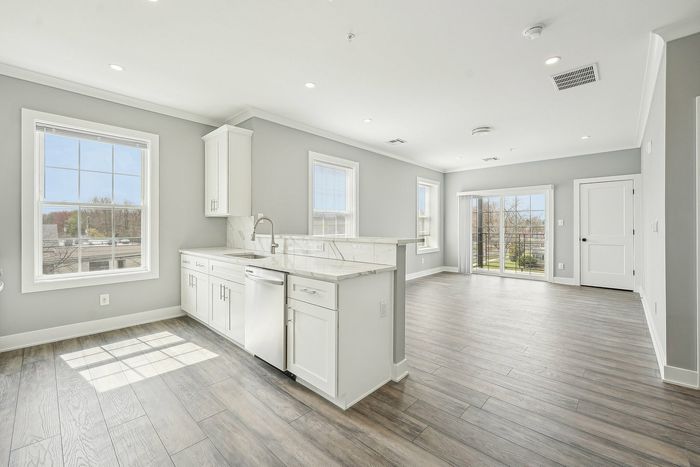Bright and airy open-plan living space featuring a modern kitchen with gleaming countertops, elegant cabinetry, and expansive windows offering beautiful natural light.