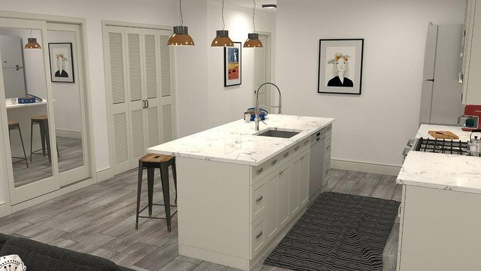Chic modern kitchen with marble countertops, sleek appliances, and stylish pendant lighting ideal for cooking and entertaining.