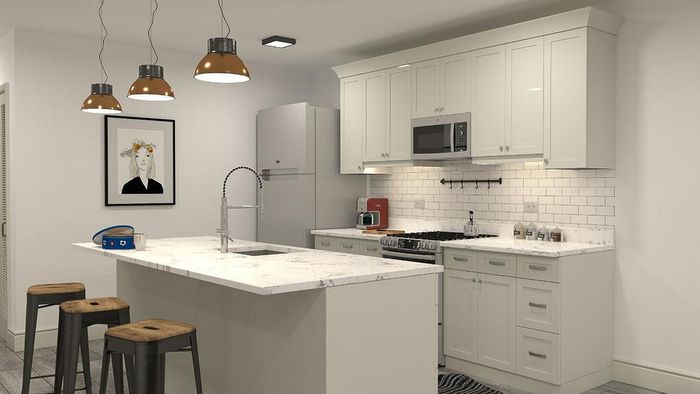 Modern kitchen with sleek white cabinetry, elegant marble countertops, and chic pendant lighting. Ideal space for culinary enthusiasts.