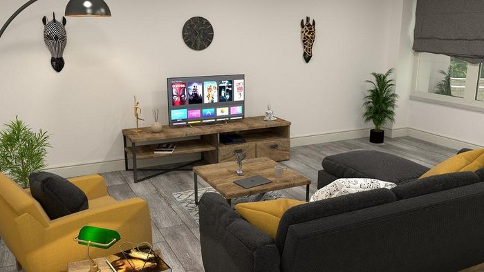 Modern living room with stylish decor, featuring a cozy gray sofa and vibrant yellow armchair, accented by eclectic wall art and lush green plants, complete with a sleek media console and flat-screen TV.