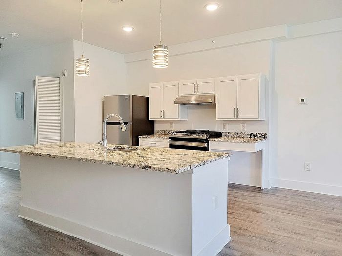Modern kitchen with granite countertops, sleek stainless steel appliances, and elegant lighting in a bright, inviting space.