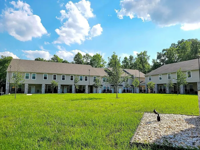 Charming townhouse community with lush green lawns and beautiful landscaping under a bright blue sky.